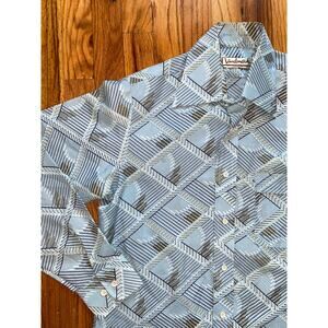 Vintage 70s Landmark Disco Long Sleeve Retro Geo Daggar Blue Brown Mens 15/ M